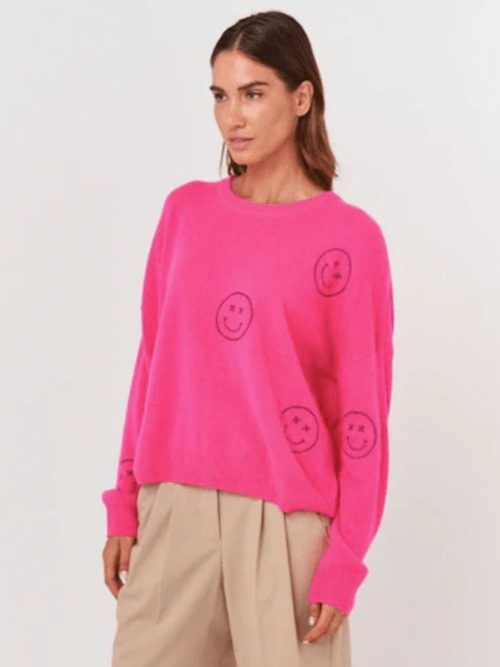 Brodie Cashmere • Smiley Stitch Crew Neck Sweater neon pink oversized pullover